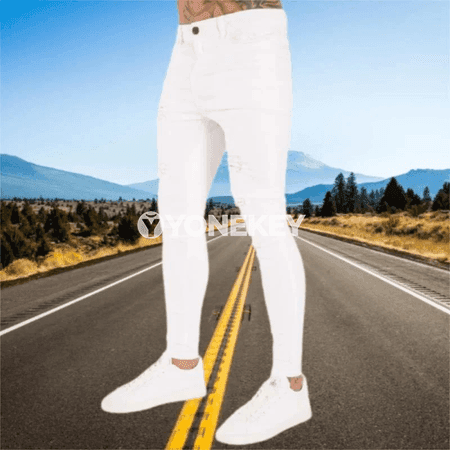 Erkekler üçin elastik billi dar jeans, döwükli trend balak