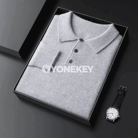 Erkekler üçin ýyly örme switer — düwmeli, boýunly, güýz-gyş modeli