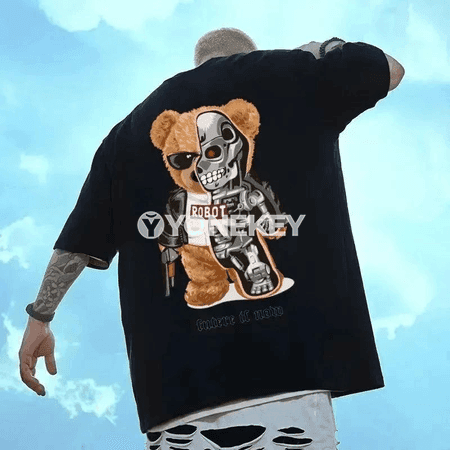 Erkekler üçin vintage aýy şekilli çaply giň futbolka, M-8XL