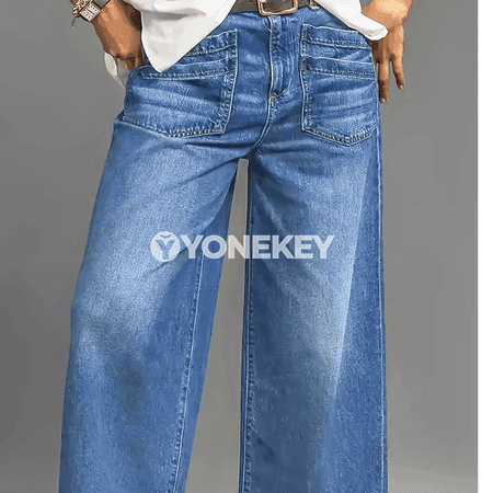 Aýal-gyzlar üçin giň balak jeans, ýokary bil, uly ölçeg