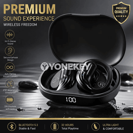 Lenovo simsiz earhook nauşnikler, Bluetooth 5.3, LED ekranly, sport üçin