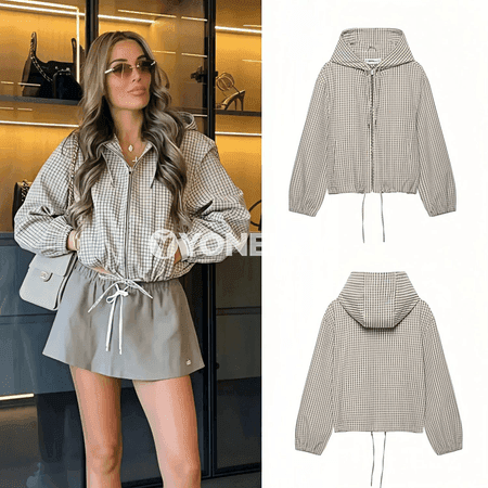 Zenanlar üçin kafelli kapýuşonly giň kesimli zipli jaket