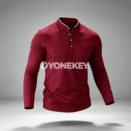 Erkekler üçin mandarin ýakalakly uzyn ýeňli polo köýnek, düwmejikli, gündelik stil