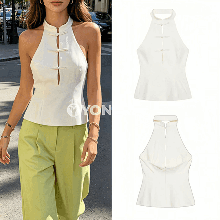 Aýal-gyzlar üçin ýeňsiz halter top, dik ýaka, düwmejikli