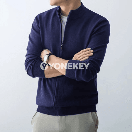 Erkekler üçin ýyly zipli kardigan, slim fit trikotaž switer