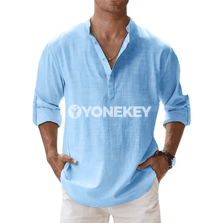Erkekler üçin ýeňil uzyn ýeňli Henley köýnek, dem alýan ýaz-tomus modeli