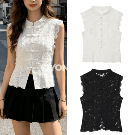Zenanlar üçin ýeňsiz dantelli slim top, ýazky gündelik stil