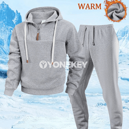 Erkekler üçin güýzki-gyşky iki bölek sport eşigi, kapýuşonly
