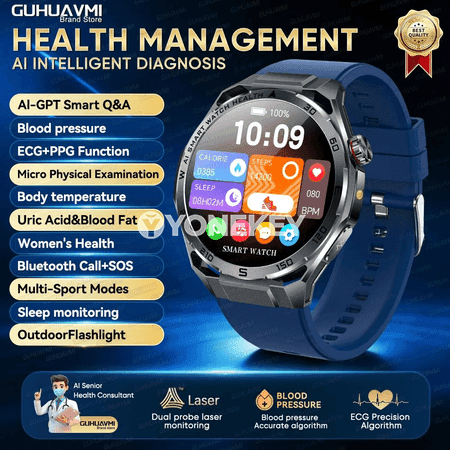GUHUAVMI AI-GPT ECG saglyk akylly sagat, Bluetooth jaňly, AMOLED