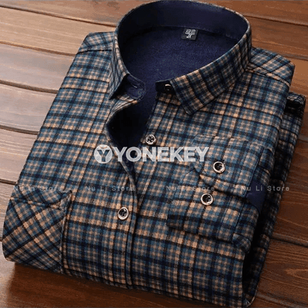 Erkekler üçin ýyly flişli plaid köýnek, uzyn ýeňli