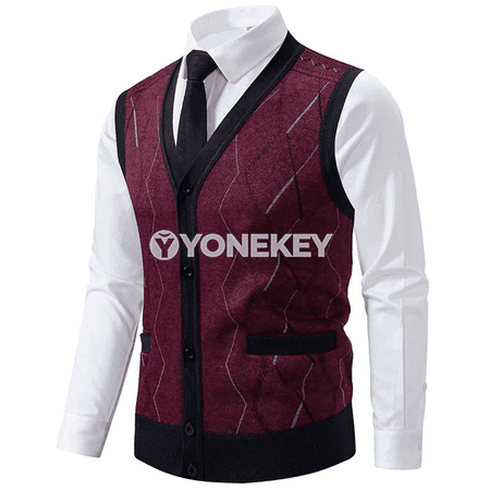 Erkekler üçin ýyly trikotaž jileti, düwmeli, V boýunly