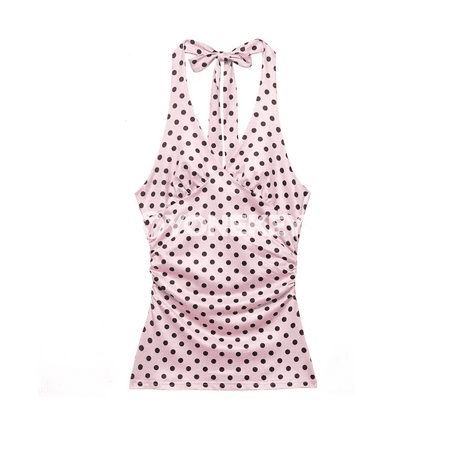 Zenanlar üçin polka nokatly ýeňsiz top, açyk eginli, tomusky