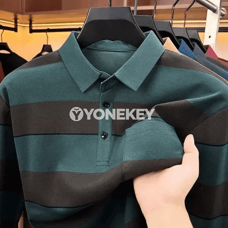 Erkekler üçin zolakly uzyn ýeňli polo kofta, döş jübüli