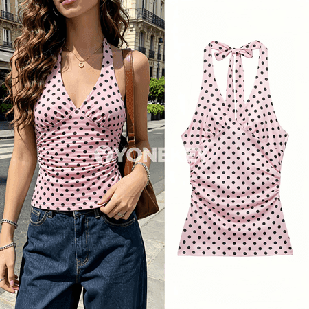 Zenanlar üçin polka nokatly ýeňsiz top, açyk eginli, tomusky