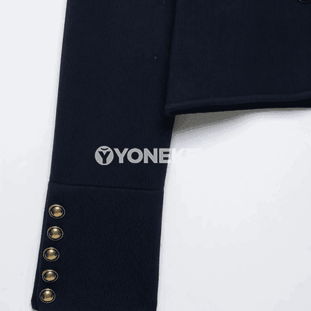 Aýal-gyzlar üçin goýy gök gysga klasik blazer, stend ýakaly