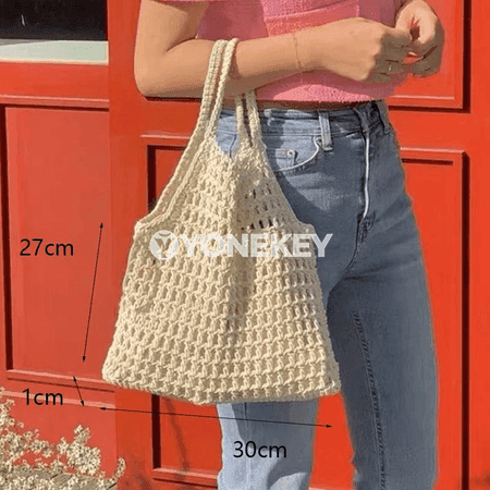 Aýallar üçin tomusly hasyr kellesaply bucket sumka, elde tikilen
