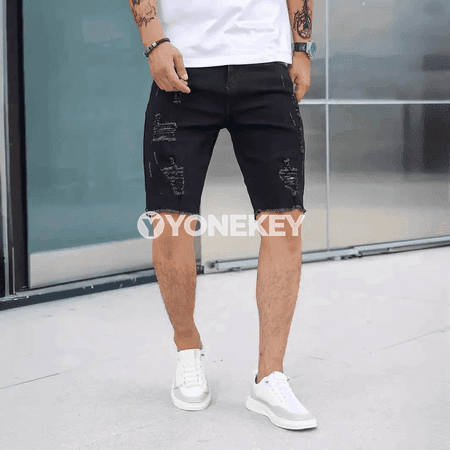 Erkekler üçin tomusky döwük jeans şortlar, slim we rahat