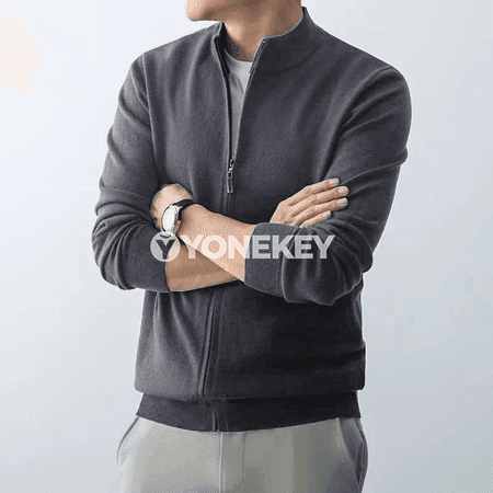 Erkekler üçin ýyly zipli kardigan, slim fit trikotaž switer