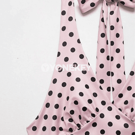 Zenanlar üçin polka nokatly ýeňsiz top, açyk eginli, tomusky