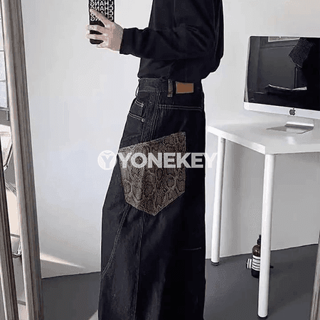 Erkekler üçin giň balakly patchwork jinsy, gündelik streetwear stil