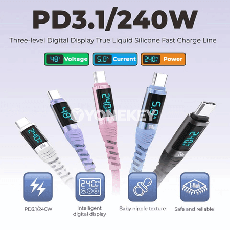 NNBILI 240W USB-C to Type-C çalt zarýad kabeli, displeýli