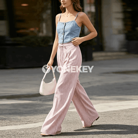 Zenanlar üçin giň balakly zolakly tomus pantalonlary