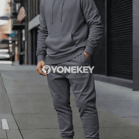 Erkekler üçin ýyly fleece kapýuşonly sport kostýumy, elastik bil