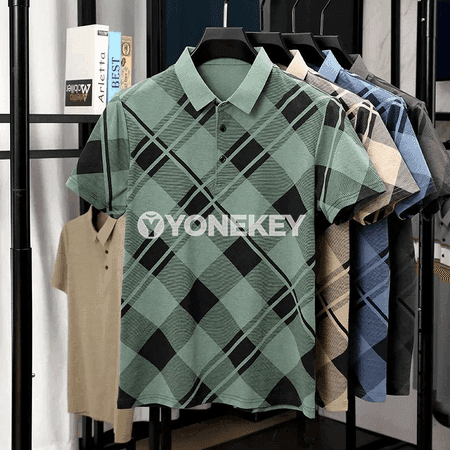 Erkekler üçin reňkli nagyşly gysga ýeňli polo futbolka, slim fit