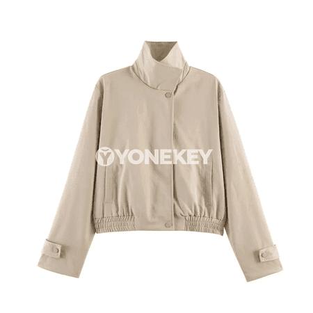 Zenanlar üçin stand ýakaly bomber kurtka, gysga model