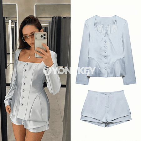 Zenanlar üçin peplum kostýum: ýokary belli şortikli köýnek toplumy