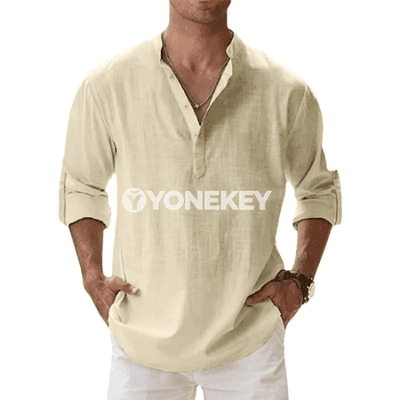 Erkekler üçin ýeňil uzyn ýeňli Henley köýnek, dem alýan ýaz-tomus modeli