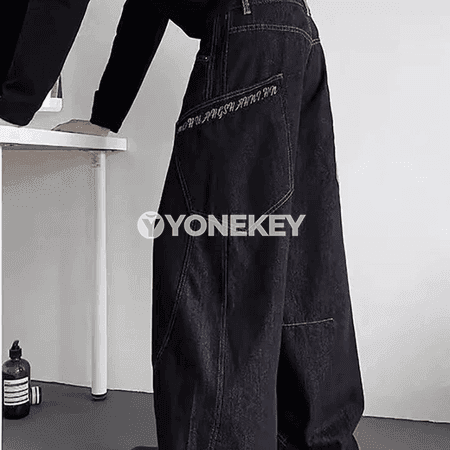 Erkekler üçin giň balakly patchwork jinsy, gündelik streetwear stil