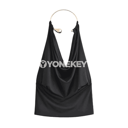 Zenanlar üçin slim fit metal halkaly ýeňsiz top, V boýun