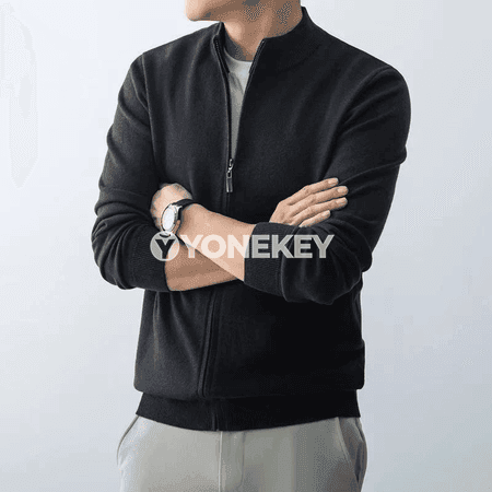 Erkekler üçin ýyly zipli kardigan, slim fit trikotaž switer