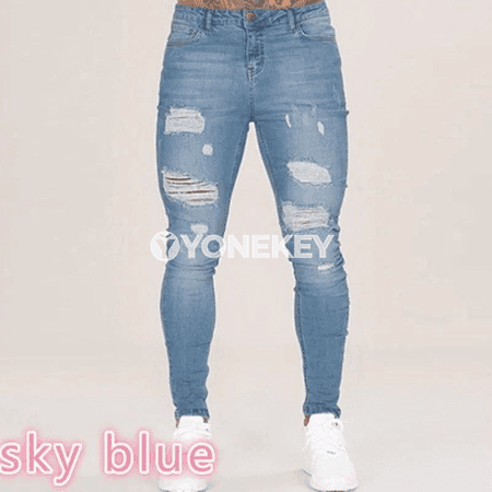 Erkek jeansleri — ýyrtykly, dar kesimli, gündelik stil