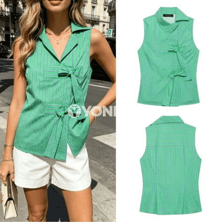 Aýal-gyzlar üçin ýaşyl zolakly dar ýeňsiz moda topy