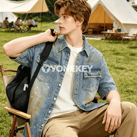 Erkekler üçin ýazlyk gündelik denim köýnek, ýeňli, köne stil