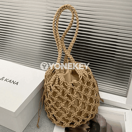 Aýallar üçin tomusly hasyr kellesaply bucket sumka, elde tikilen