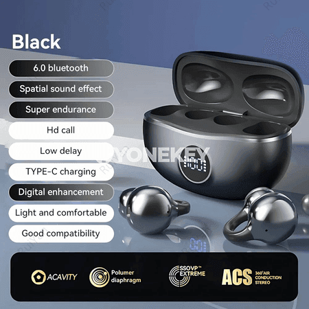Earclip simsiz Bluetooth nauşnik, LED ekranly, mikrofonly
