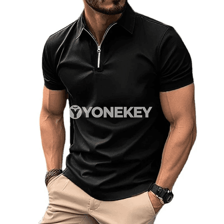 Erkekler üçin ýeňil gysga ýeňli polo futbolka, fermuarly, tomuslyk