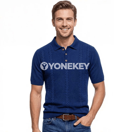 Erkekler üçin uly ölçegli polo köýnek, gysga ýeňli, düwmeli rahat model